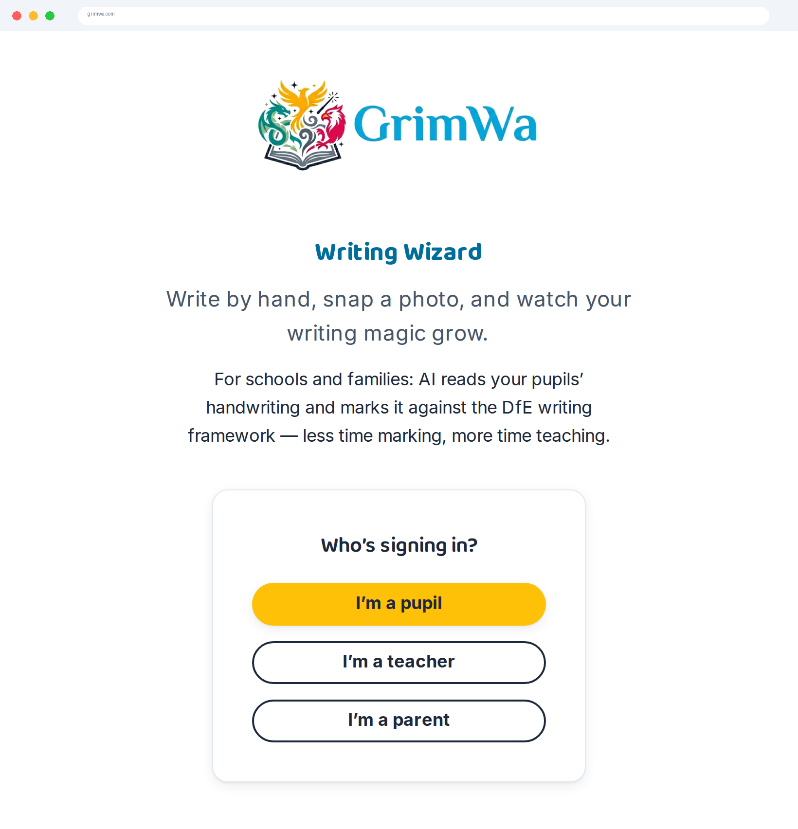 The GrimWa sign in screen, asking whether you are a pupil, a teacher or a parent
